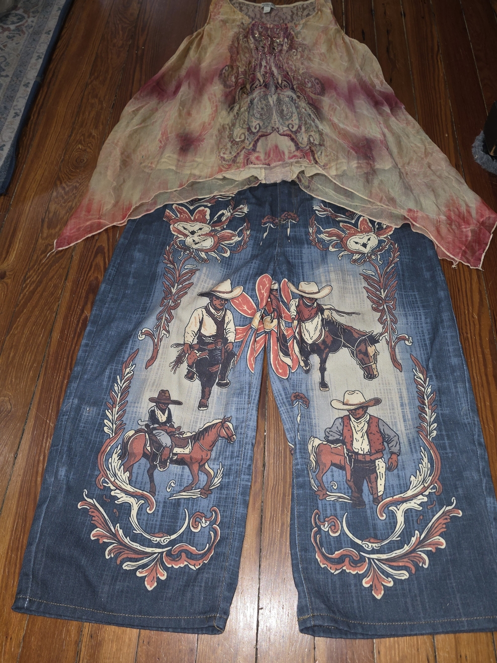 2 Pc Ladies Styled Set XXL  Western Cowboy Graphic Wide Leg W/ Flowy Boho Shirt